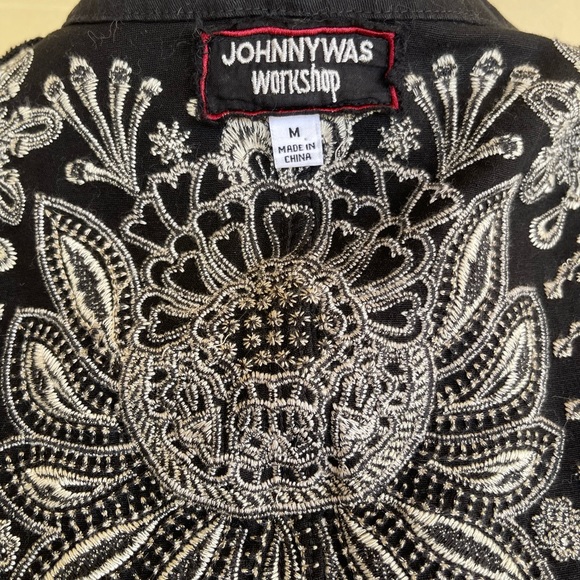 JOHNNY Was Embroidered Black Linen Style Full Button Front Jacket Woman’s M NWOT - Picture 9 of 12